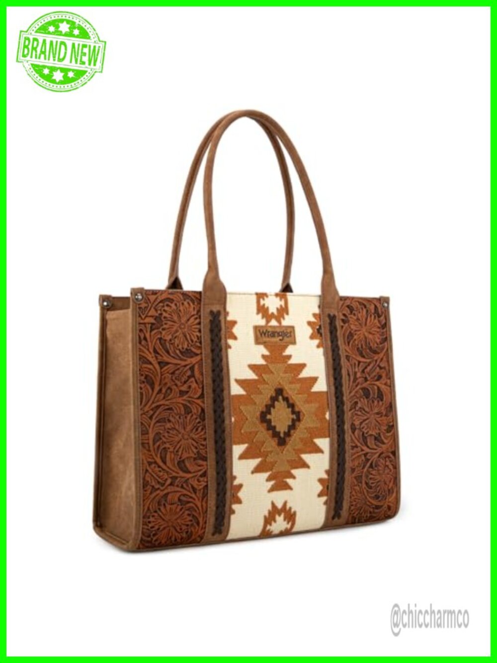 Large Aztec Tapestry Tote Bag with Genuine Leather Floral Tooled Whipstitch